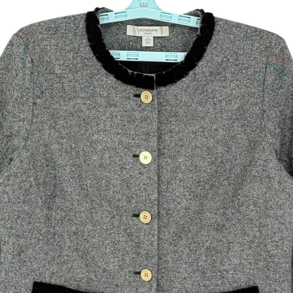Liz Claiborne Women's Wool Blend Frilled Black Velvet Detail Grey Jacket Size XL - Picture 3 of 10